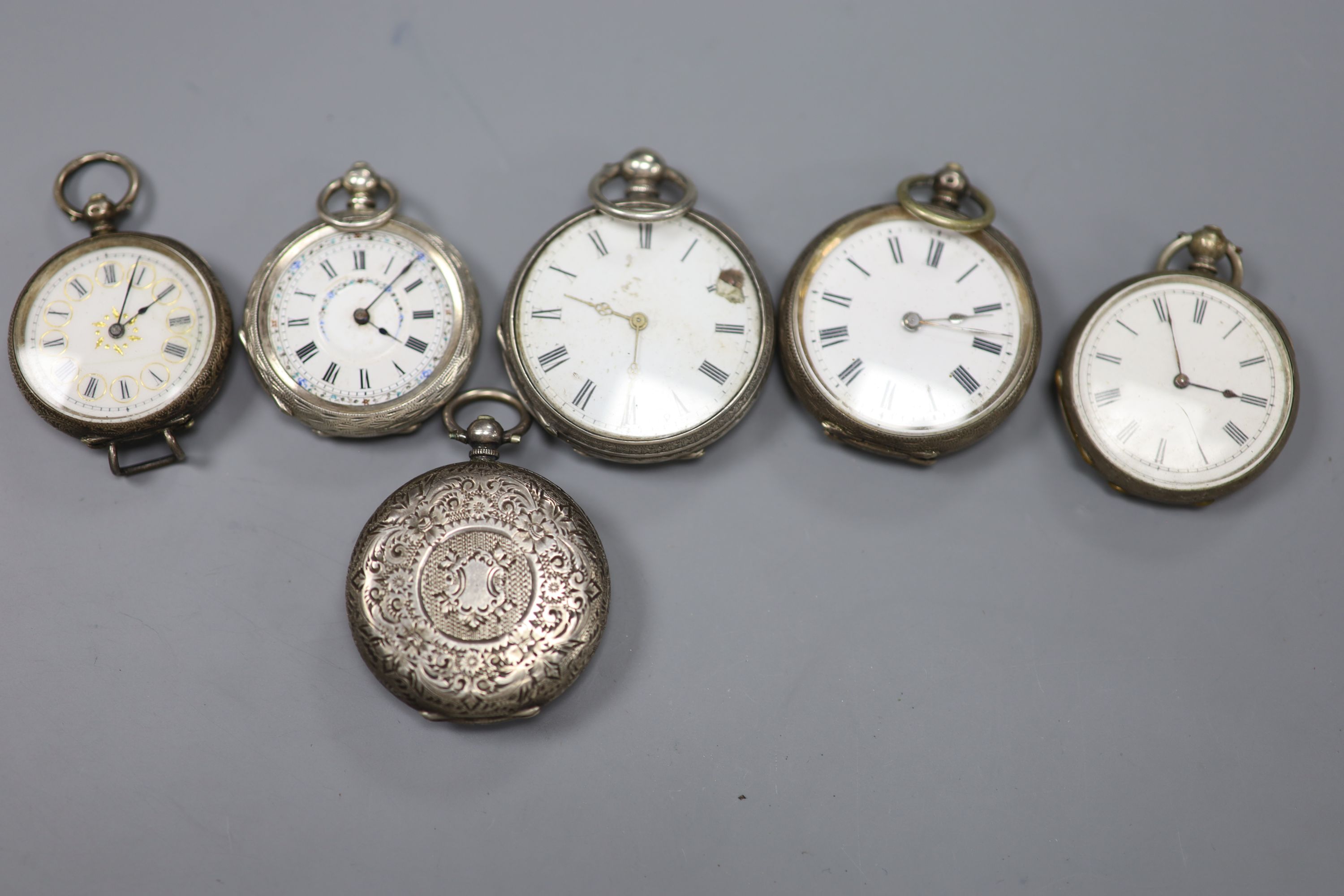 One silver and five continental white metal fob watches(a.f.).